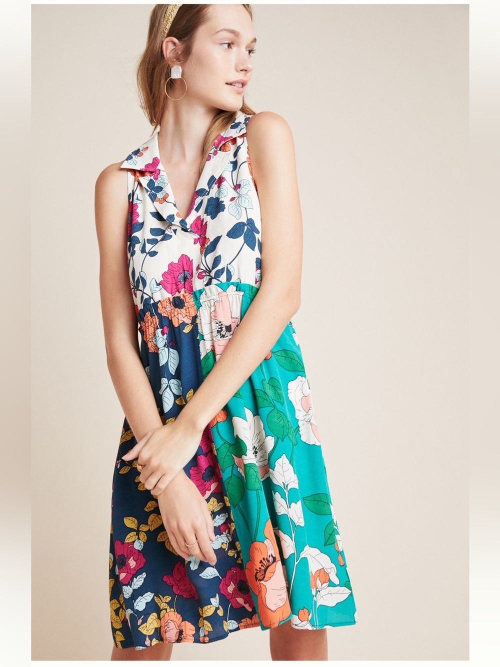 Anthropologie Dinah Collared Halter Tunic Dress Colorful Floral Retro Size 0